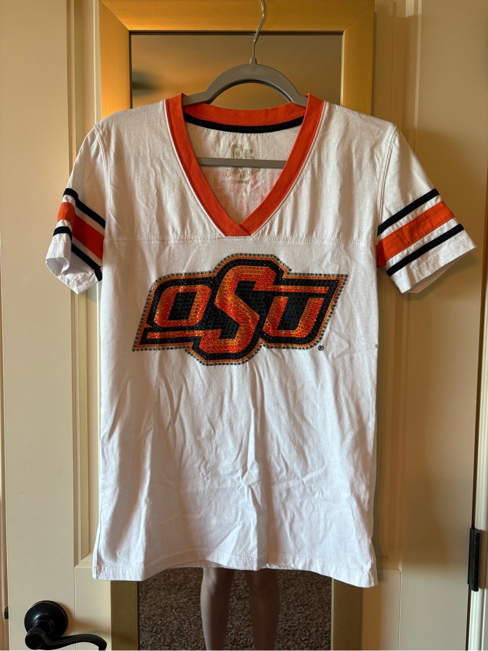 Oklahoma State Girls' White & Orange V-Neck Tee with gems